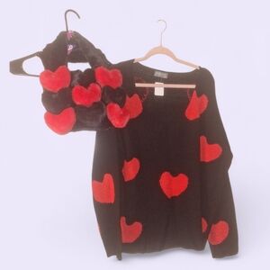 Sweet Love Black Sweater with Red Hearts And Faux Fur Bag